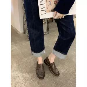EAMT 여자 플랫 소가죽 와인맘 빈티지 통굽로퍼 구두 YJ5