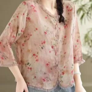 EAMT 여성 소매 상의 셔츠 모시 라운드넥 블라우스 무지데님 린넨 칠부 앤티크 프린트 밑단 7부 EUNG5