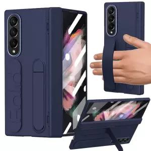 YQODSZ 삼성 갤럭시 Z 폴드 3 케이스, 손목 밴드 포함, 킥스탠드 경첩 보호 액정 커버 전용 블루 301946