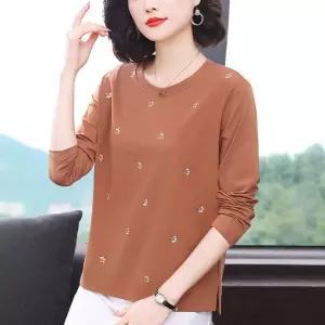 아이언하트 여사친 여성용 면 티 롱루즈핏 잔꽃 자수 긴팔 패치 셔츠 루즈핏 라운드 탑 봄가을 KKE3