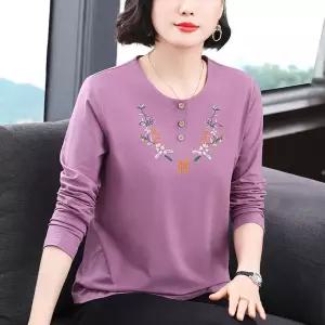 아이언하트 면 가을 여친 여성용 에스닉 긴팔 루즈핏 셔츠 상의 티 빈지 플라워 자수 롱루즈핏 KKE3