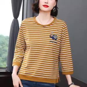 아이언하트 캐주얼 여친 여성용 봄가을 스트라이프 셔츠 자수 상의 티 루즈핏 연령대별 코디 롱루즈핏 KKE3