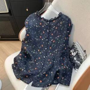 여사친 빈티지 마 블라우스 프린트 뒷단추 톱 슬림핏 민소매 원픽1
