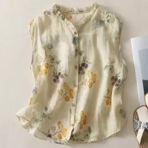 여성 빈티지 블라우스 면마 프린트 민소매 원픽1