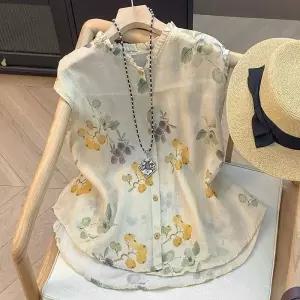 여성 빈티지 블라우스 면마 프린트 민소매 원픽1