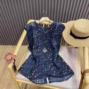 여성용 빈티지 민소매 블라우스 마 프린트 뒷단추 톱 원픽1