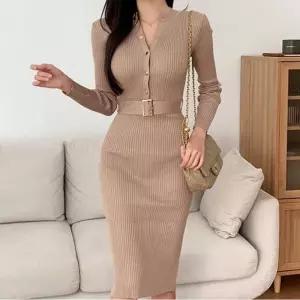 스파이더맨 여자 원피스 치마 니트 긴팔 힙업 트임 라운드 싱글 OPH1