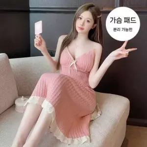 팽블몰 빅사이즈 롱스커트 슬립 바람막이 패드 솔리드 커플 나시 브라 잠옷세트 HO1