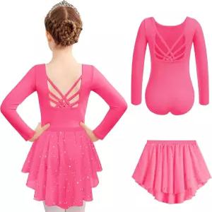 소녀용 자클로트레 발레 레오타드 롱 슬리브 크로스 백 댄스 의상과 탈부착 가능한 반짝이는 스커트 콤보