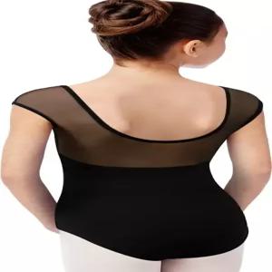 QZSH 걸스 댄스 발레 레오타드 메시 캡 슬리브 귀여운 V자형 뒷면