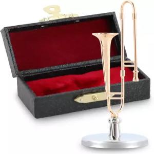 이스트락 2.1인치 미니 트롬본 모델 케이스와 스탠드가 있는 금도금 미니어처 악기 홈 장식 인형의 집