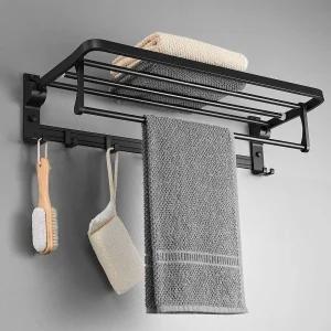 접이식 수건 선반 화장실 정리함 매트 블랙에 바와 후크가 있는 욕실용 랙 벽걸이 23.6개 포함