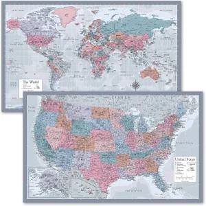 2팩 - 세계 지도 포스터 및 미국 차트 보라색 라미네이트 18인치 x 29인치