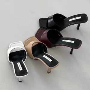 베이직 무지 여성 뮬 슬리퍼 스퀘어코 하이힐 오피스 VgY7+4uQR