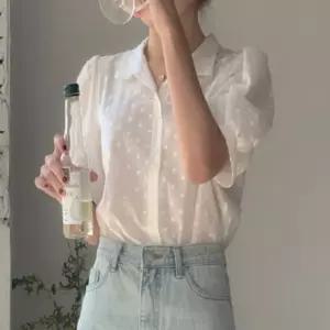 시스루 퍼프소매 반팔블라우스 블라우스 프릴블라우스