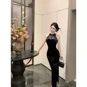 EAMT 원피스 여친 벨벳 드레스 레이스 홀터넥 치파오 비즈 YJ1