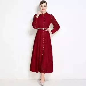 EAMT 롱스커트 차이나 레이스 벌룬 소매 벨트 버클 원피스 여친 빈티지 YJ1