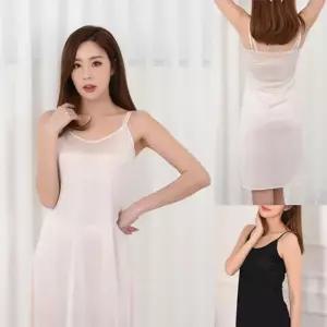 천연 쿨 인견 무지 라운드넥 롱 끈 원피스 슬립 kkV1+5ieN