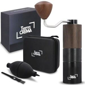 스테인리스 스틸 버가 포함된 크레마 수동 커피 그라인더 에스프레소 및 프레스용 핸드 휴대용 케이스 브러시와 송풍기가 여행 준비 디자인