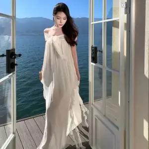 여자 치마 원피스 롱 숄더 바캉스룩 언밸런스 쉬폰 톱 일자 CH1