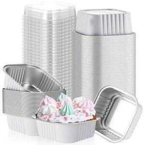 스카이티 100개 미니 사각 베이킹 팬 5온스 뚜껑 알루미늄 호일 컵케이크 브라우니 컵 일회용 라메킨 주방용 개별 양철 디저트 용기(화이트)