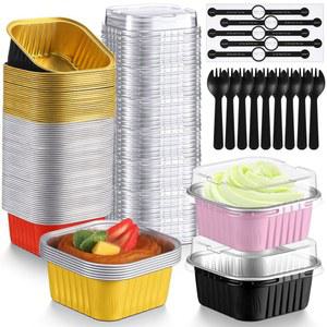 Vesici 100 세트 뚜껑이 있는 미니 케이크 팬 5온스 사각 알루미늄 호일 베이킹 로프 결혼식 생일 파티 피크닉용 스티커가 일회용 디저트 컵, 4가지 색상