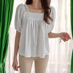 스퀘어넥 펀칭 퍼프소매 블라우스 여자 데일리 포인트블라우스