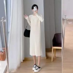 니트 골지 데일리 라운드넥 라인 니트 슬림한 드레스 원피스 롱