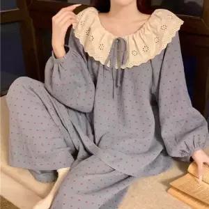 수피 가을 봄 공주풍 잠옷 커플 실내복 궁중 레이스 긴팔 도트 잠옷세트 JEN3