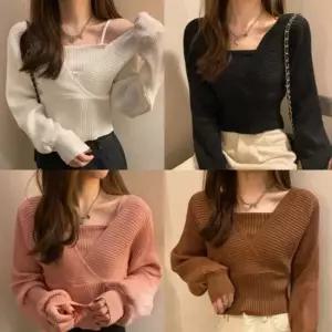 여자 랩 스퀘어 나시 레이어드 일체형 긴팔 니트