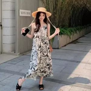 여성 여름 페미닌 수묵화 플라워패턴 끈나시 롱원피스