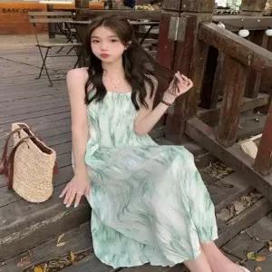 여자 데일리 끈나시 주름 나염 원피스