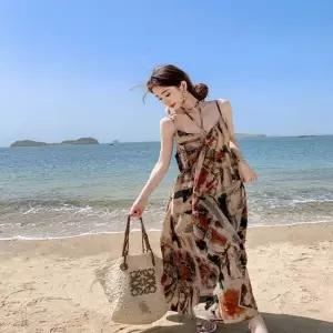 여자 끈나시 브이넥 패턴 원피스