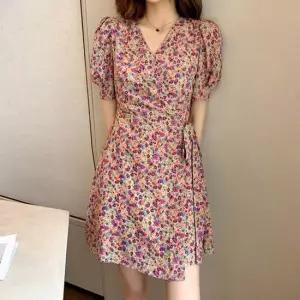 20대 30대 여름 꽃 무늬 브이넥 A라인 짧은 원피스