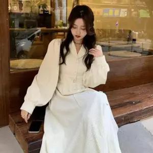 여성 코듀로이 뒷밴딩 카라넥 롱 원피스 E17