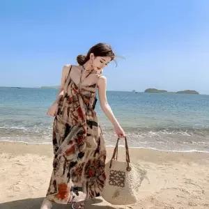 여성 비치룩 해변룩 끈나시 브이넥 패턴 롱원피스