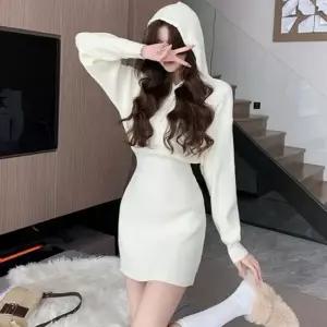 골지 여성 후드 원피스 니트 여자 후드 원피스 미니