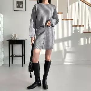 여성 섹시한 데일리 버튼 미니스커트 니트 투피스세트