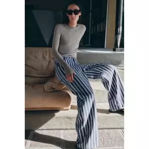 Zara 자라 JEANS 진 청바지 ZW COLLECTION 컬렉션 LOOSE 루즈 미드라이즈 스트라이프 - 블루 9632/065/400