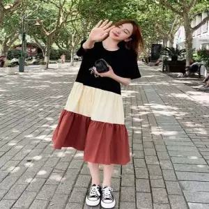 편한 데일리룩 A라인 배색 캐주얼 반팔 썸머원피스