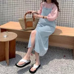 여성 심플한 데님 D1 멜빵원피스