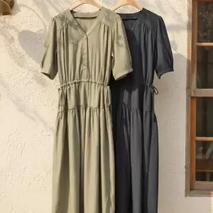 [옷자락]여자 시원한 폴리나일론 브이넥 셔링 티어드 원피스