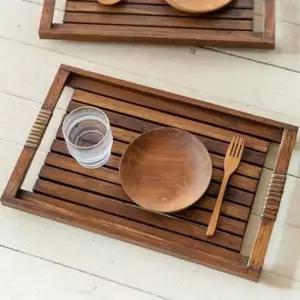 라탄 티크나무 직사각 손잡이 트레이 쟁반 원목 주방용품 40cm