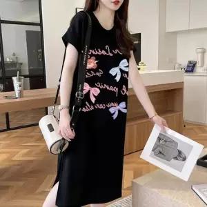 3컬러 사랑스러운 영문 리본 오버핏 반팔 롱원피스