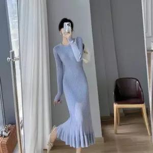 여자 3컬러 심플 깔끔한 라인 프릴 골지 롱원피스