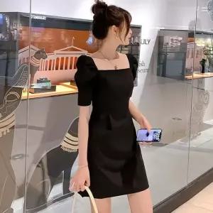 퍼프 소매 포인트 미니 원피스 오프 숄더 A라인 정장