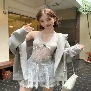 여성 시스루 이너원피스 플레어 레이어드 레이스