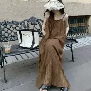 여자 잔체크 브라운컬러 여름 쉬폰 끈나시 롱원피스