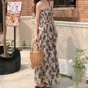 롱원피스 꽃 플라워 쉬폰 밴딩 끈나시 민소매 원피스