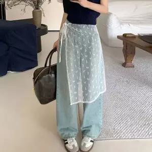 여성 2컬러 레이어드 코디룩 시스루 레이스 랩스커트